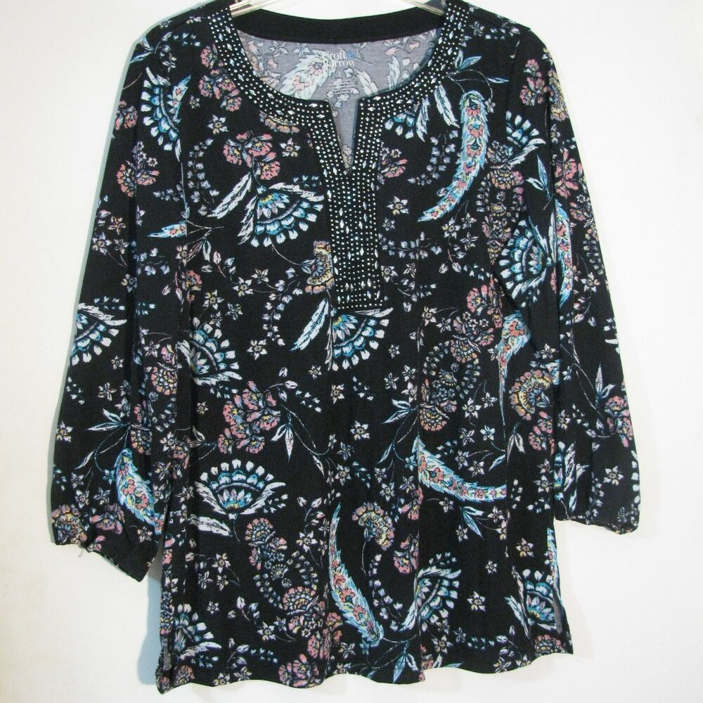 * Croft & Barrow Blouse Large Silvertone Studs Beads Split Neckline Knit Shirt